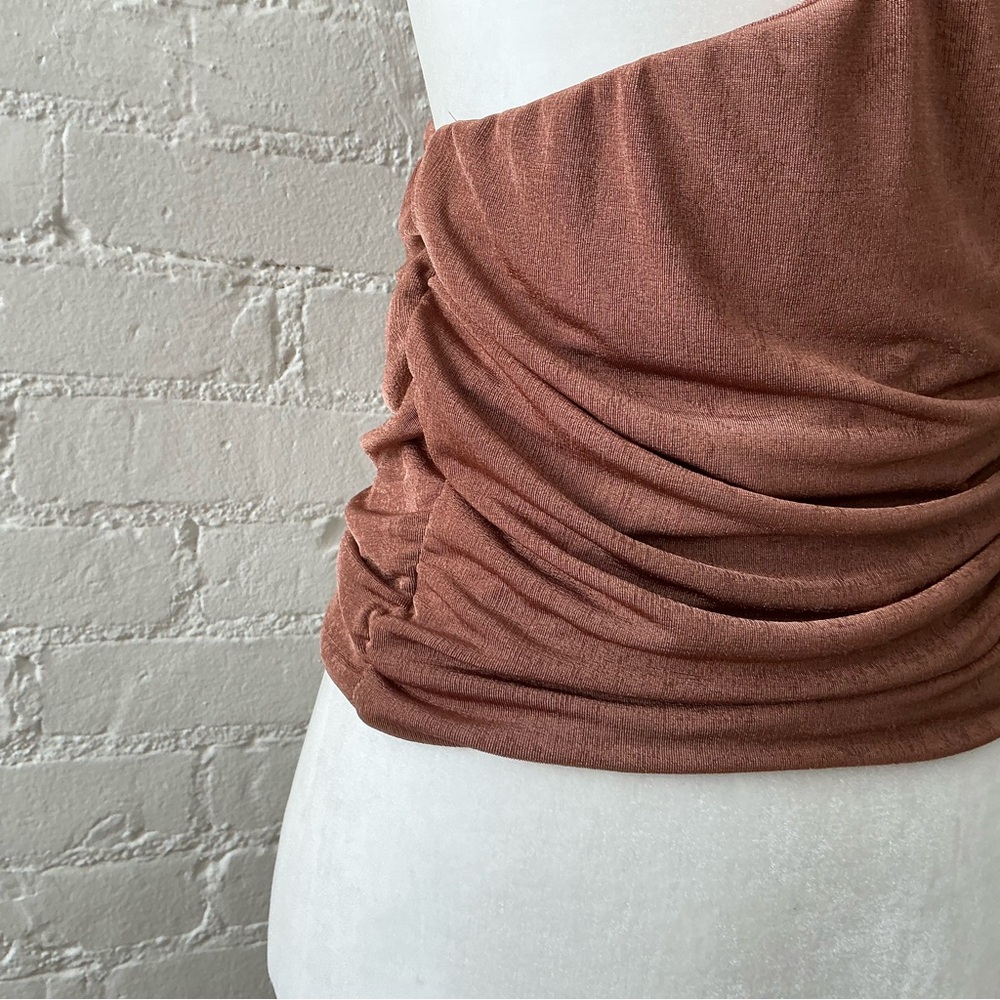 Moa Moa Womens Draped One Shoulder Asymmetric Top Size L Ruched Stretch Brown - Picture 8 of 11